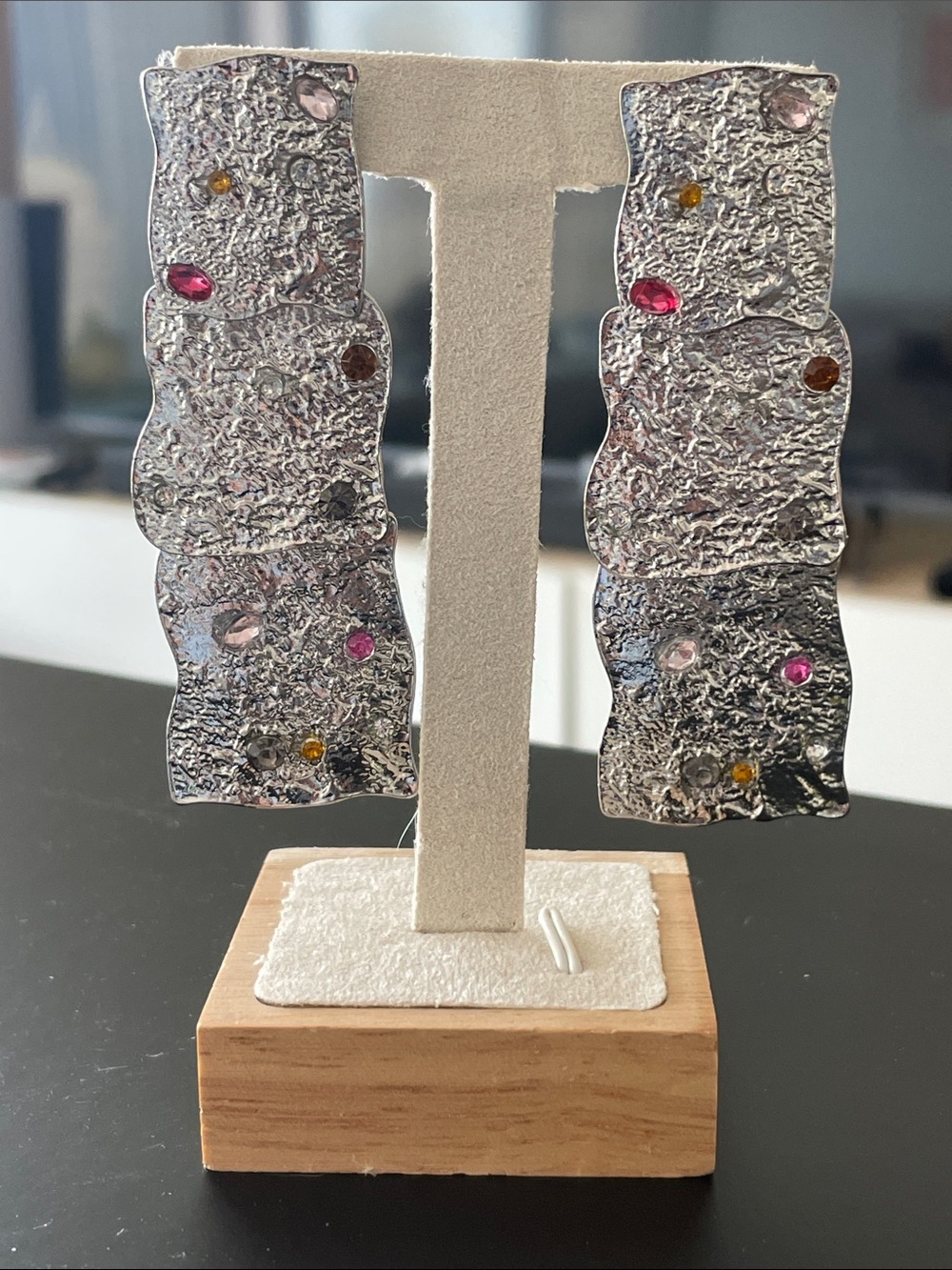 Zara Silver Textured Statement Earrings with Multicolor Stones